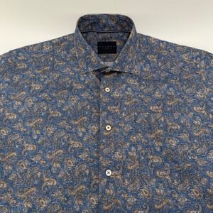 Calder Carmel Mens Blue Paisley Cotton Short Sleeve Button Down Shirt L 1/200